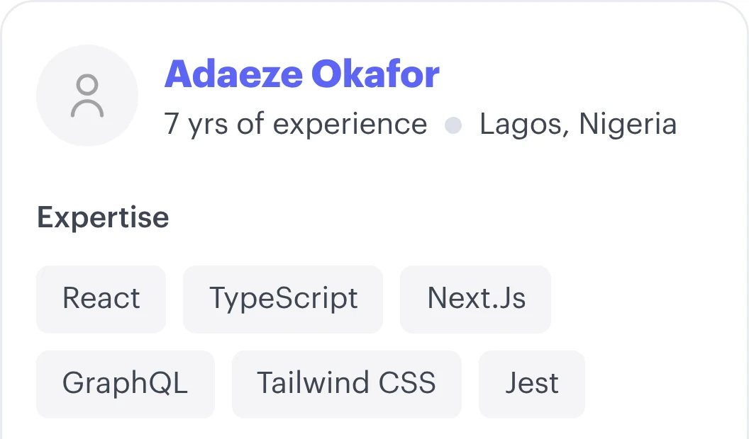 Example talent card in the Gigson app: a React engineer's experience, skills and bio, with a Reveal Profile button